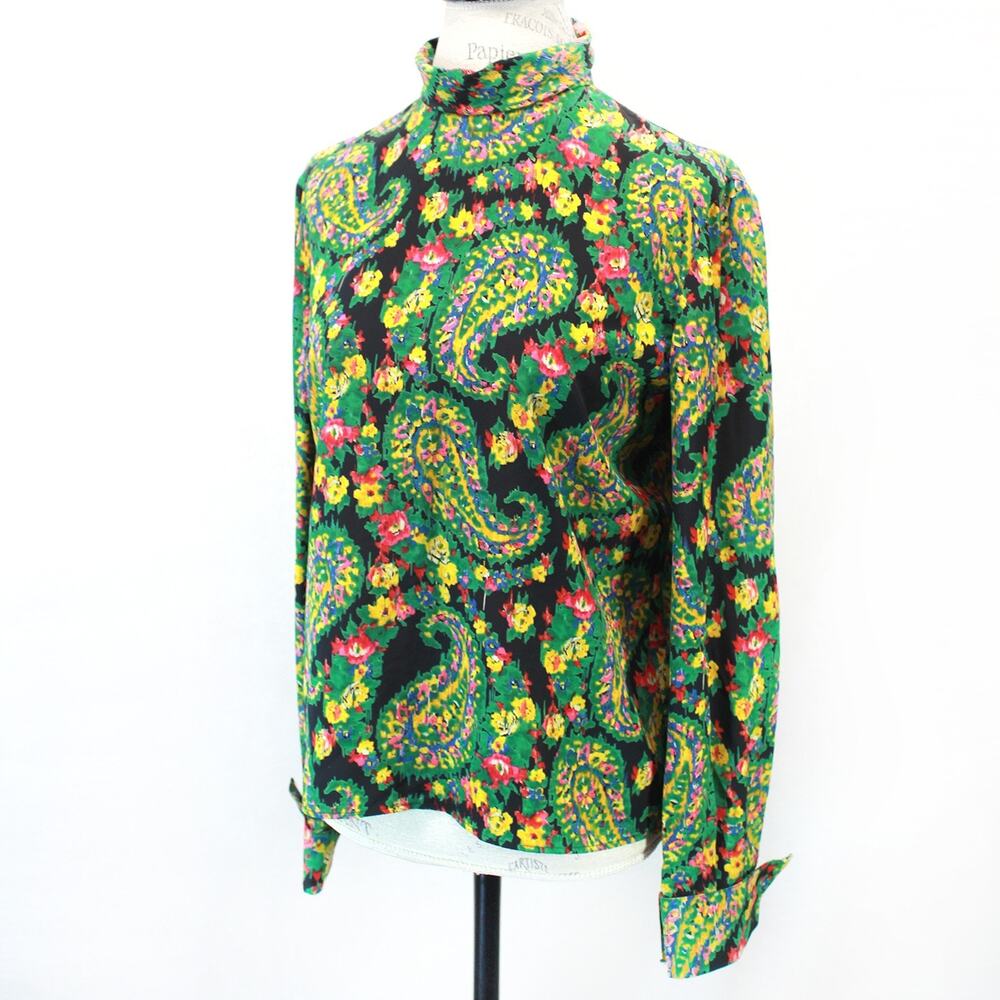 Green Vintage 80’s Paisley Secretary Blouse Top Turtleneck Button Back Large